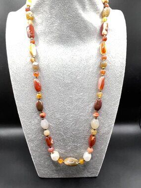 Vintage 60's Beggar Bead Multi Color Polished Stone Necklace 30"